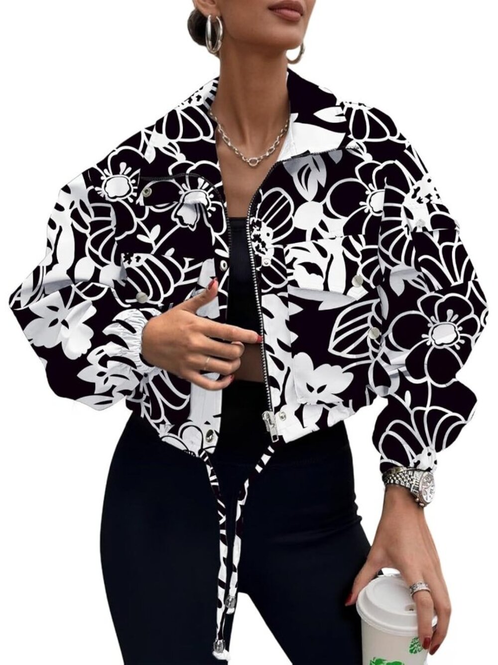 Womens black White Floral Lightweight Cropped Anorak Winter Zip Up Bomber Jacket
